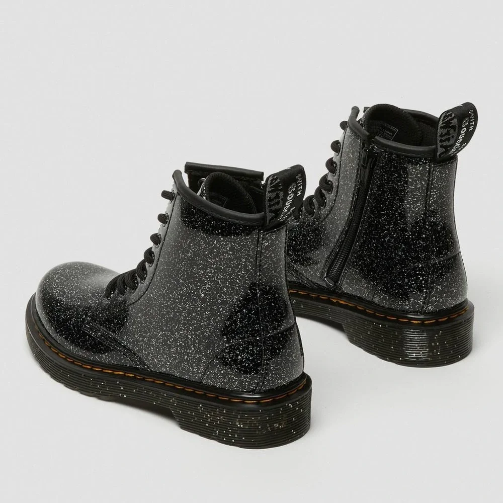 $75 Dr. Martens Junior 1460 Black Cosmic Silver Glitter Lace Up Zipper Boots 2